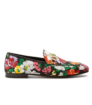 Gucci + Jordaan Floral-Print Satin Loafers