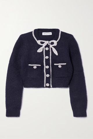 SELF-PORTRAIT + Cropped Embellished Fleece Cardigan
