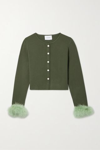 Sleeper + + Net Sustain Convertible Cropped Feather-Trimmed Knitted Cardigan