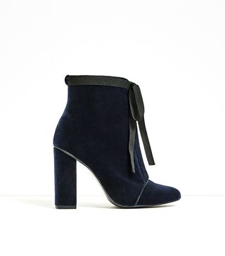 Zara + High Heel Velvet Ankle Boots