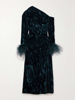 16arlington + Adelaide One-Shoulder Feather-Trimmed Crushed-Velvet Midi Dress