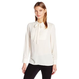 Vince Camuto + Long Sleeve Tie Neck Pleated Tuxedo Blouse