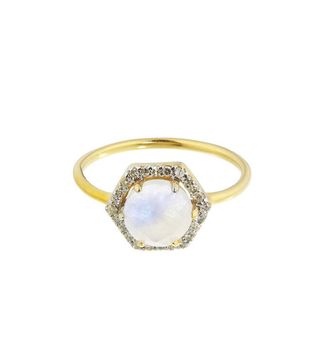 Carrie Elizabeth + 14k Gold Vermeil Hexagon Moonstone and Diamond Ring