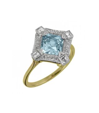 The London Victorian Ring Co. + Aquamarine and Diamond Cluster Ring in Platinum and Yellow Gold