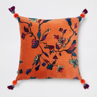 River Island + Orange Floral Velvet Cushion