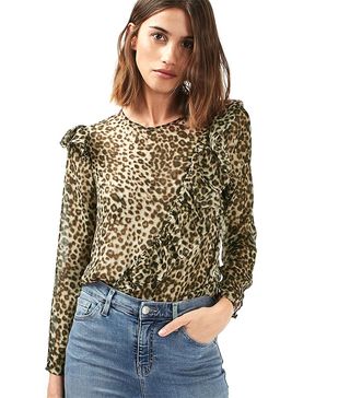 Topshop + Ruffle Animal Long Sleeve Blouse