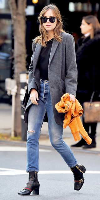 Dakota Johnson s Awesome Ankle Boots Totally Make Her Outfit Who What Wear