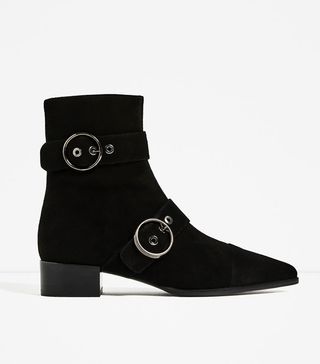 Zara + Pointed Leather Buckled Ankle Boots