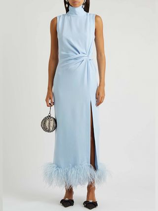 16 Arlington + Maika Light Blue Feather-Trimmed Midi Dress