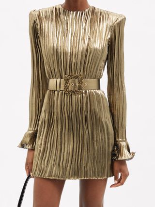 Andrew Gn + Pleated Silk-Blend Lamé Mini Dress