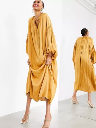 ASOS Edition + Oversized Maxi Dress With Blouson Sleeve in Caramel