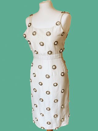 Vintage + 90s White and Gold Pearl Cocktail Dress