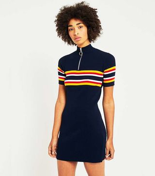 Urban Outfitters + Striped Ribbed Zip-Up Mock Neck T-Shirt Dress