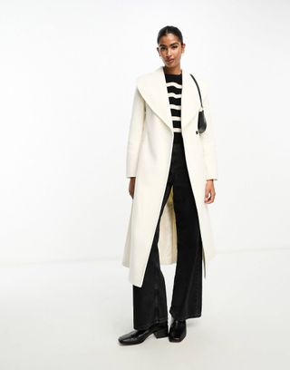 River Island + Shawl Cinched Waist Coat in Cream