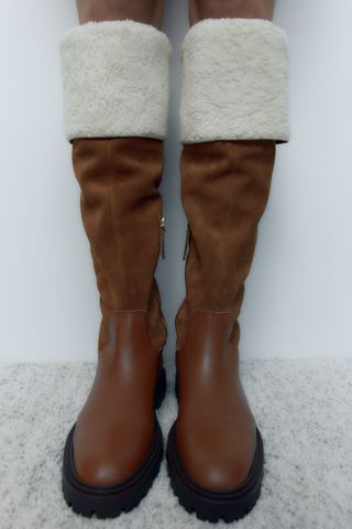 Zara + Knee-High Leather Boots With Contrast Faux Shearling Lining