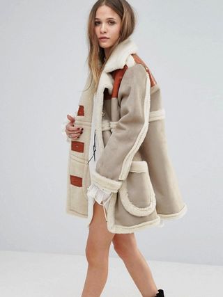 Moon River + Faux Suede Coat With Faux Shearling