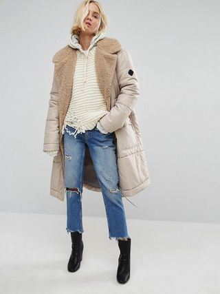 Puffa + Oversized Padded Coat With Faux Shearling Shawl Collar