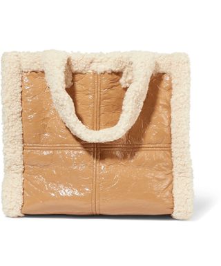 Stand Studios + Lolita Faux Shearling-Trimmed Crinkled Faux Leather Tote