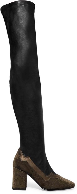 MR by Man Repeller + The I'm Really Here to Party Embossed Velvet-Trimmed Leather Over-the-Knee Boots