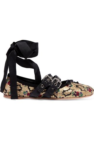 Miu Miu + Lace-Up Leather Trimmed Brocade Ballet Flats