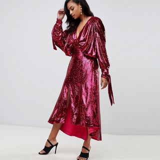 ASOS + Edition Sequin Batwing Midi Dress With Bow Detail