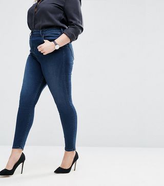ASOS Curve + High Waist Ridley Skinny Jeans in London Blue Minx Wash