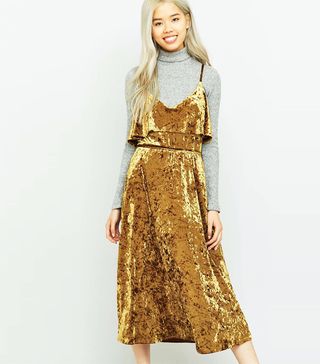 Urban Outfitters + Pins & Needles Ruffle Gold Velvet Midi Dress