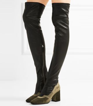 MR by Man Repeller + The I'm Really Here to Party Embossed Velvet-Trimmed Leather Over-the-Knee Boots