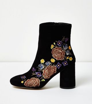 River Island + Black Floral Embroidered Ankle Boots