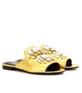 Gucci + Embellished Metallic Leather Slip-On Sandals