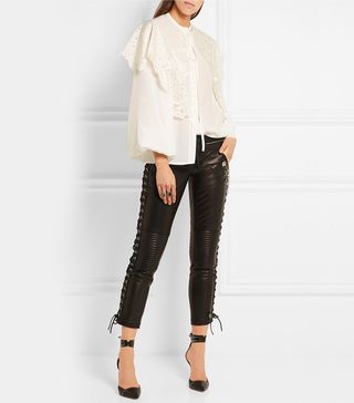 Ronald Van Der Kemp + Cropped Lace-Up Leather Skinny Pants