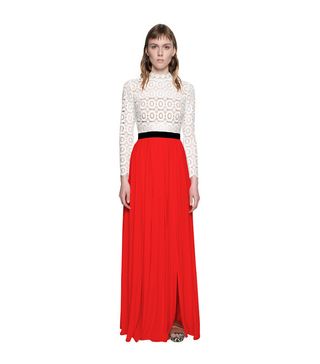 Self Portrait + Pleated Crochet Floral Maxi Dress in Red