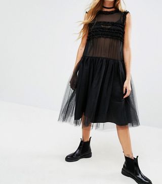 Reclaimed Vintage + V Back Drop Hem Dress with Tulle Skirt and Ruffles