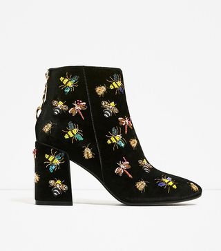 Zara + Beaded Velvet Ankle Boots