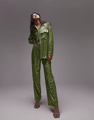 Topshop + Co-Ord Mini Sequin Slouch Trouser in Kiwi