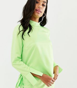 ASOS Design + Long Sleeve Neon Top With Wrap Back Detail in Satin Co-Ord
