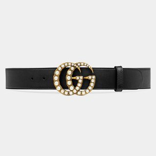 Gucci + Leather Belt With Pearl Double G in Black