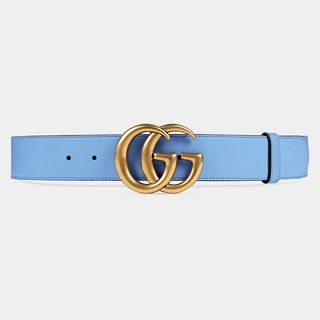 Gucci + Leather Belt With Double G Buckle in Light Blue