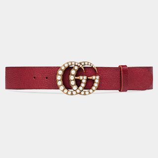 Gucci + Leather Belt With Pearl Double G in Cerise