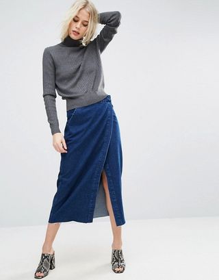 ASOS + Denim Midi Wrap Skirt With Raw Hem in Dark Wash Blue