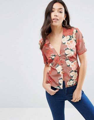 ASOS + Japanese Floral Tea Blouse With Seam Detail