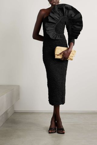 Mara Hoffman + + Net Sustain Evelyn One-Sleeve Ruffled Poplin-Trimmed Popcorn Organic Cotton-Jersey Midi Dress