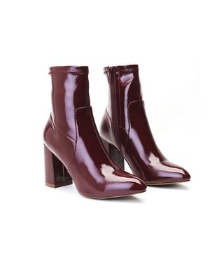 Public Desire + Raya Pointed Toe Ankle Boots in Bordeaux Patent