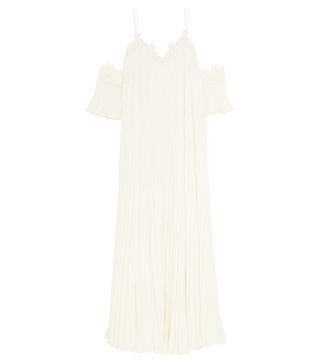 Self-Portrait + Off-The-Shoulder Pleated Guipure Lace-Trimmed Chiffon Gown