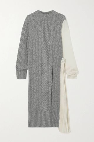 Sacai + Paneled Wool and Pleated Crepe De Chine Midi Dress