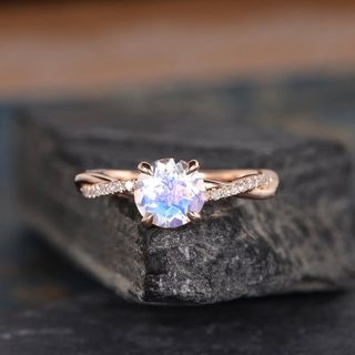 Szeki Studio + Rose Gold Twist Solitaire Diamond Infinity Moonstone Engagement Ring