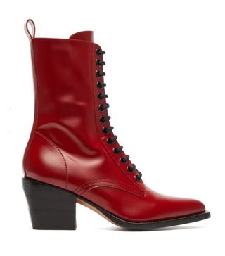 Chloé + Point-Toe Lace-Up Leather Boots