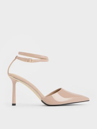 Charles & Keith + Nude Patent Pointed-Toe Ankle-Strap Pumps