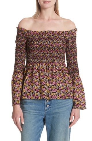 A.L.C. + Agra Off the Shoulder Bell Sleeve Silk Top