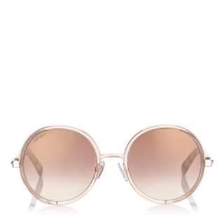 Jimmy Choo + Andie Shaded Mirror Gold Acetate Round Framed Sunglasses with Gold Silver Crystal Fabric Detailing and Havana Brown Arms